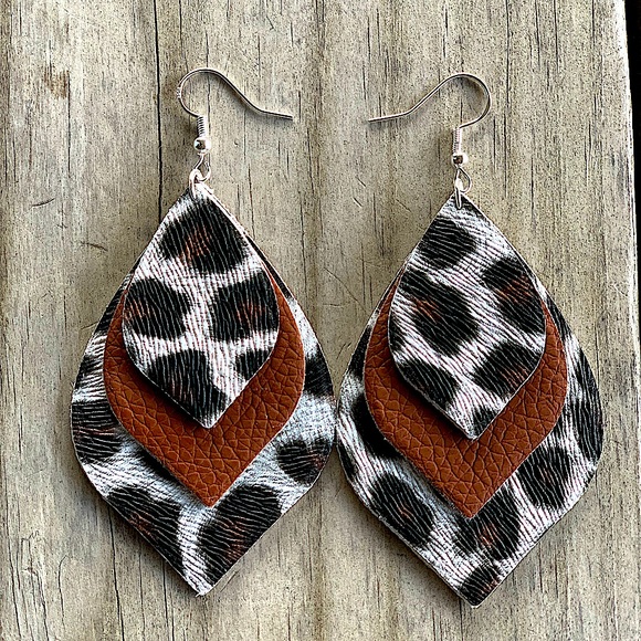 Hand Crafted Jewelry - 3-Layers Leopard Black & Brown Dangle Earrings